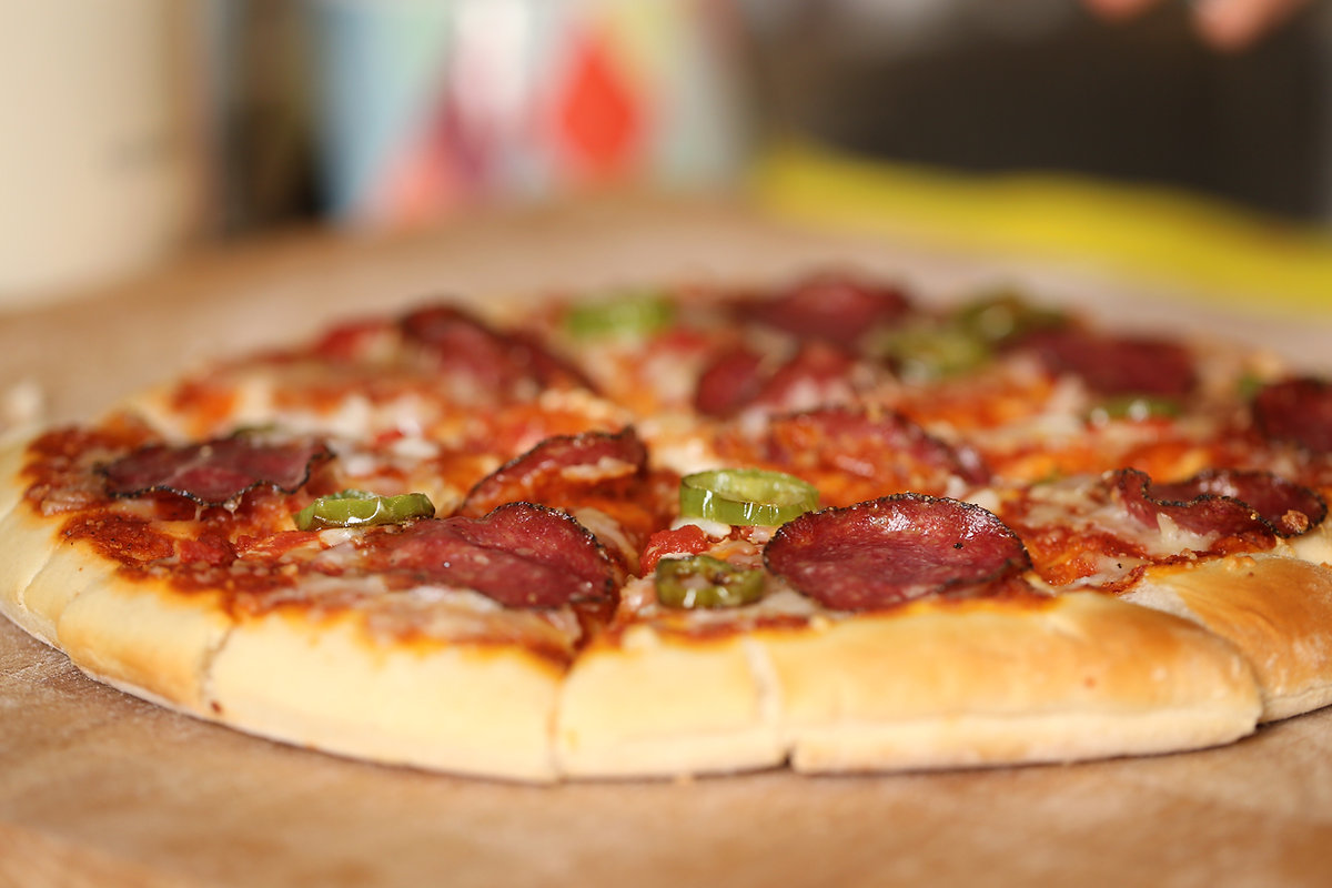 Close-up of a topped pizza