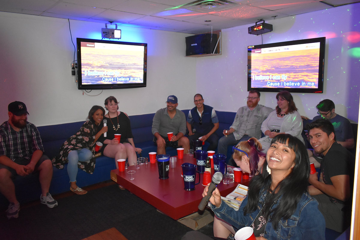 Group photo from a karaoke party
